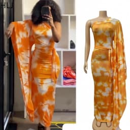 HLJ Women Floral Print One Flare Sleeve Maxi Dress Tie-dye Patchwork Mock Neck Belted Bodycon Dresses Female Party Clubwear New