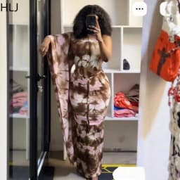 HLJ Women Floral Print One Flare Sleeve Maxi Dress Tie-dye Patchwork Mock Neck Belted Bodycon Dresses Female Party Clubwear New