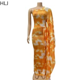 HLJ Women Floral Print One Flare Sleeve Maxi Dress Tie-dye Patchwork Mock Neck Belted Bodycon Dresses Female Party Clubwear New
