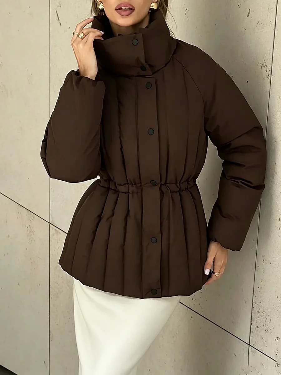 2026 Autumn Winter Women Puffer Jacket High Stand Collar Vertical Quilted Drawstring Waist Coat Brown
