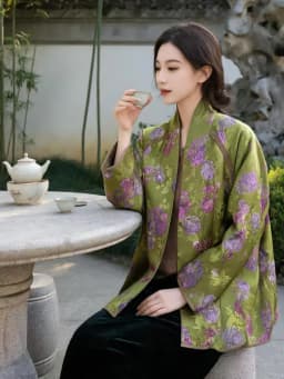 High Quality Spring and Summer NewV- Neck  Chinese Style Gourd jacquard Silk Fabric Women's Jacket M-L