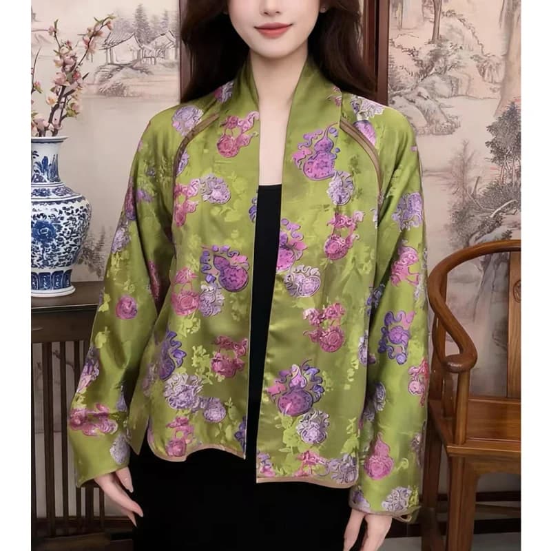 High Quality Spring and Summer NewV- Neck  Chinese Style Gourd jacquard Silk Fabric Women's Jacket M-L