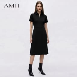 Amii Women's Casual Dresses 2026 Summer New Lapel Zip Half Placket Fitted Waist Office Short Sleeve Midi Dress Women 12642146
