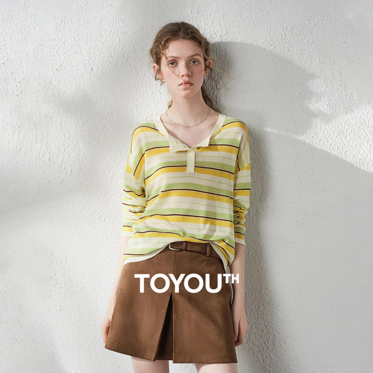 TOYOUTH Women's Linen Knit Top 2026 Autumn New Breathable Cloud Like Striped Intellectual Blouse