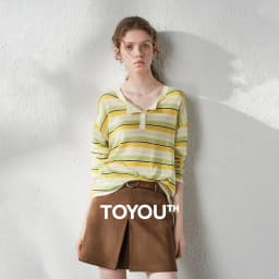 TOYOUTH Women's Linen Knit Top 2026 Autumn New Breathable Cloud Like Striped Intellectual Blouse