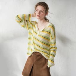 TOYOUTH Women's Linen Knit Top 2026 Autumn New Breathable Cloud Like Striped Intellectual Blouse
