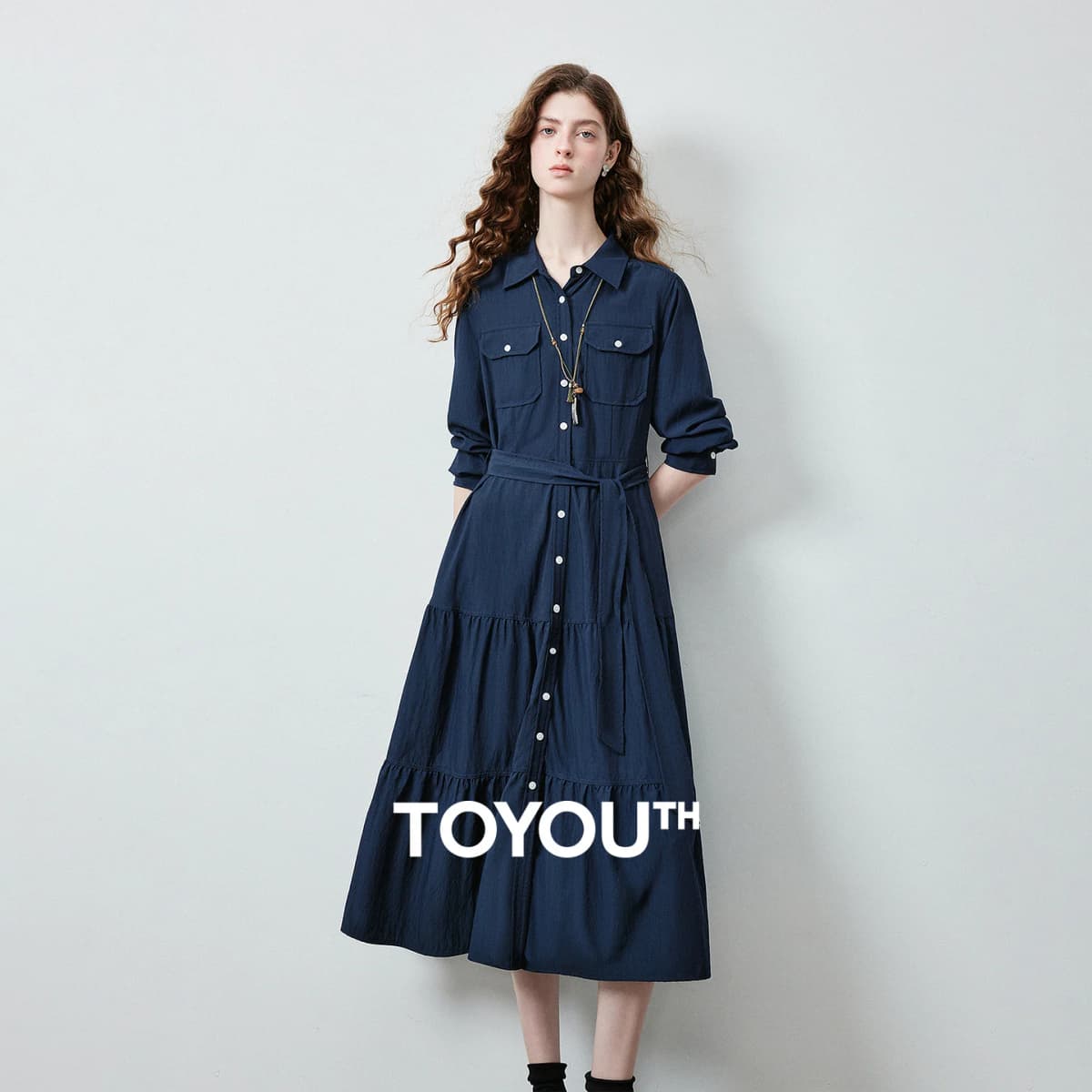 TOYOUTH Women's Light Utility Shirt Dress Fall 2026 Waist Cinched Slimming Office Commute