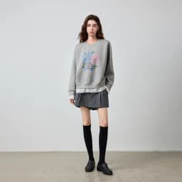 TOYOUTH Women's Sweatshirt 2026 Autumn New Floral Print Round Neck Loose Fake Two-Piece Lace Splicing Pullover Top