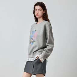 TOYOUTH Women's Sweatshirt 2026 Autumn New Floral Print Round Neck Loose Fake Two-Piece Lace Splicing Pullover Top
