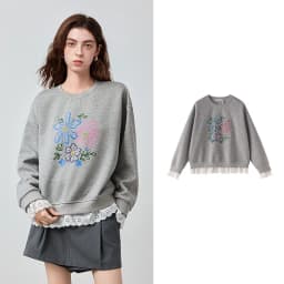 TOYOUTH Women's Sweatshirt 2026 Autumn New Floral Print Round Neck Loose Fake Two-Piece Lace Splicing Pullover Top