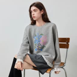 TOYOUTH Women's Sweatshirt 2026 Autumn New Floral Print Round Neck Loose Fake Two-Piece Lace Splicing Pullover Top