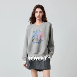 TOYOUTH Women's Sweatshirt 2026 Autumn New Floral Print Round Neck Loose Fake Two-Piece Lace Splicing Pullover Top