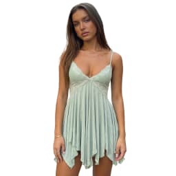 Women Summer Solid Color Mini Cami Dress Sleeveless Open Back V Neck Lace Trim Plested Hem Dresses