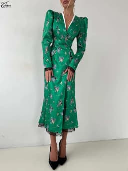 Oymimi Fashion Green Print Dresses For Women Elegant V-Neck Long Sleeve Lace Dresses Summer Patchwork Pockets Mid-Calf Dress