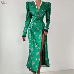 Oymimi Fashion Green Print Dresses For Women Elegant V-Neck Long Sleeve Lace Dresses Summer Patchwork Pockets Mid-Calf Dress