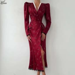 Oymimi Fashion Green Print Dresses For Women Elegant V-Neck Long Sleeve Lace Dresses Summer Patchwork Pockets Mid-Calf Dress