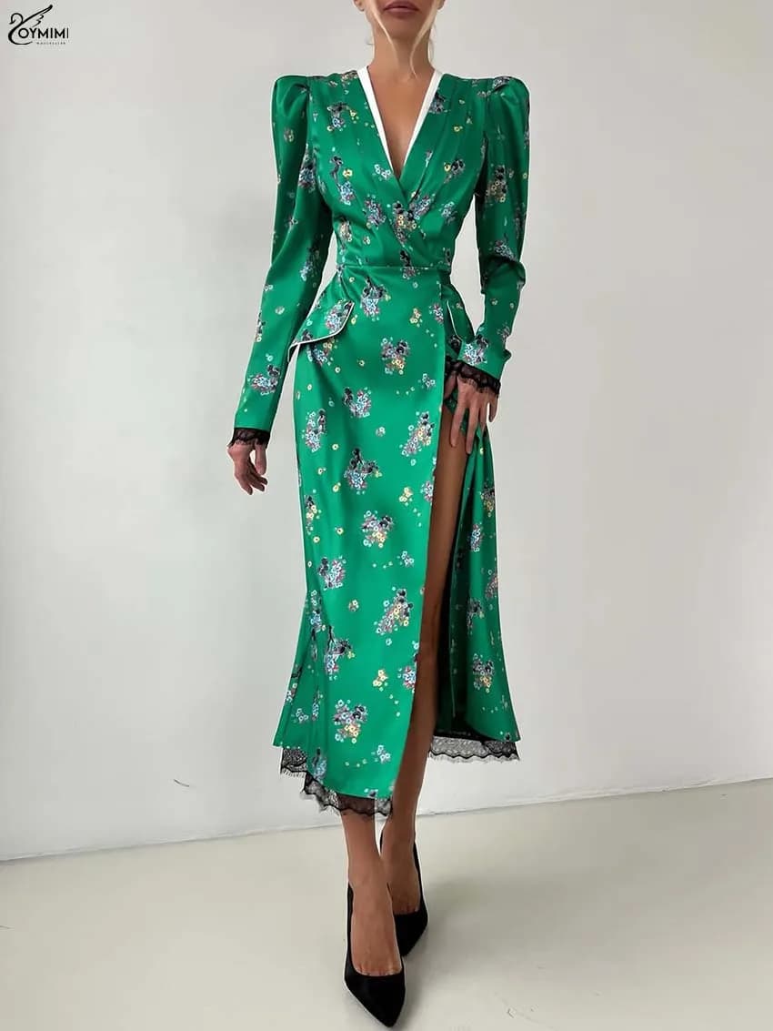 Oymimi Fashion Green Print Dresses For Women Elegant V-Neck Long Sleeve Lace Dresses Summer Patchwork Pockets Mid-Calf Dress