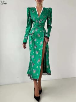 Oymimi Fashion Green Print Dresses For Women Elegant V-Neck Long Sleeve Lace Dresses Summer Patchwork Pockets Mid-Calf Dress