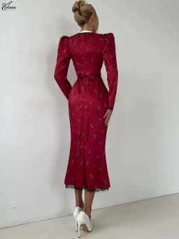 Oymimi Fashion Green Print Dresses For Women Elegant V-Neck Long Sleeve Lace Dresses Summer Patchwork Pockets Mid-Calf Dress