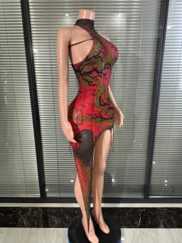 Luxurious Red Gradient Sequined High-Neck Sheer Dress, Asymmetrical Skirt Party Dress, Suitable for Bar, Dancers' Performances