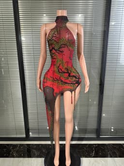 Luxurious Red Gradient Sequined High-Neck Sheer Dress, Asymmetrical Skirt Party Dress, Suitable for Bar, Dancers' Performances