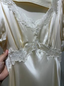 100% Silk Women's Satin Midi Dress Lace Embroidery Patchwork V-Neck Ribbon Short Sleeve High Waist Elegant Ladies Robe