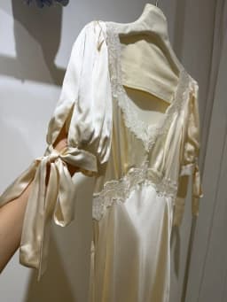 100% Silk Women's Satin Midi Dress Lace Embroidery Patchwork V-Neck Ribbon Short Sleeve High Waist Elegant Ladies Robe