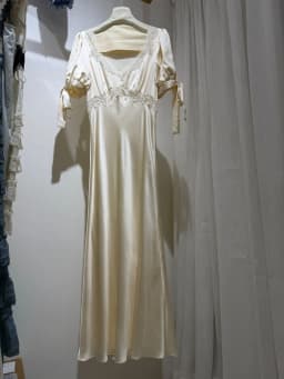 100% Silk Women's Satin Midi Dress Lace Embroidery Patchwork V-Neck Ribbon Short Sleeve High Waist Elegant Ladies Robe