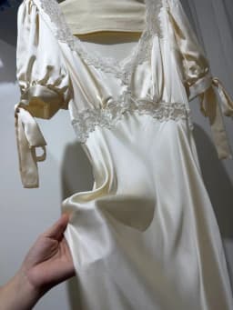 100% Silk Women's Satin Midi Dress Lace Embroidery Patchwork V-Neck Ribbon Short Sleeve High Waist Elegant Ladies Robe