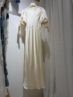 100% Silk Women's Satin Midi Dress Lace Embroidery Patchwork V-Neck Ribbon Short Sleeve High Waist Elegant Ladies Robe