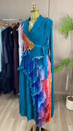 Elegant Retro Collar Beaded Anti-Static Printed Pleated Polyester Dress-GZXX905