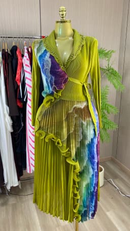 Elegant Retro Collar Beaded Anti-Static Printed Pleated Polyester Dress-GZXX905