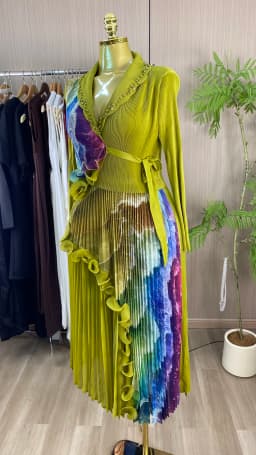 Elegant Retro Collar Beaded Anti-Static Printed Pleated Polyester Dress-GZXX905