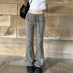 Women Y2K Low Waist Flare Sweatpants Grey Baggy Wide Leg Jogger Pants Drawstring High Street Casual Pocket Sweatpants Fashion