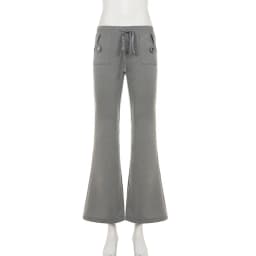 Women Y2K Low Waist Flare Sweatpants Grey Baggy Wide Leg Jogger Pants Drawstring High Street Casual Pocket Sweatpants Fashion
