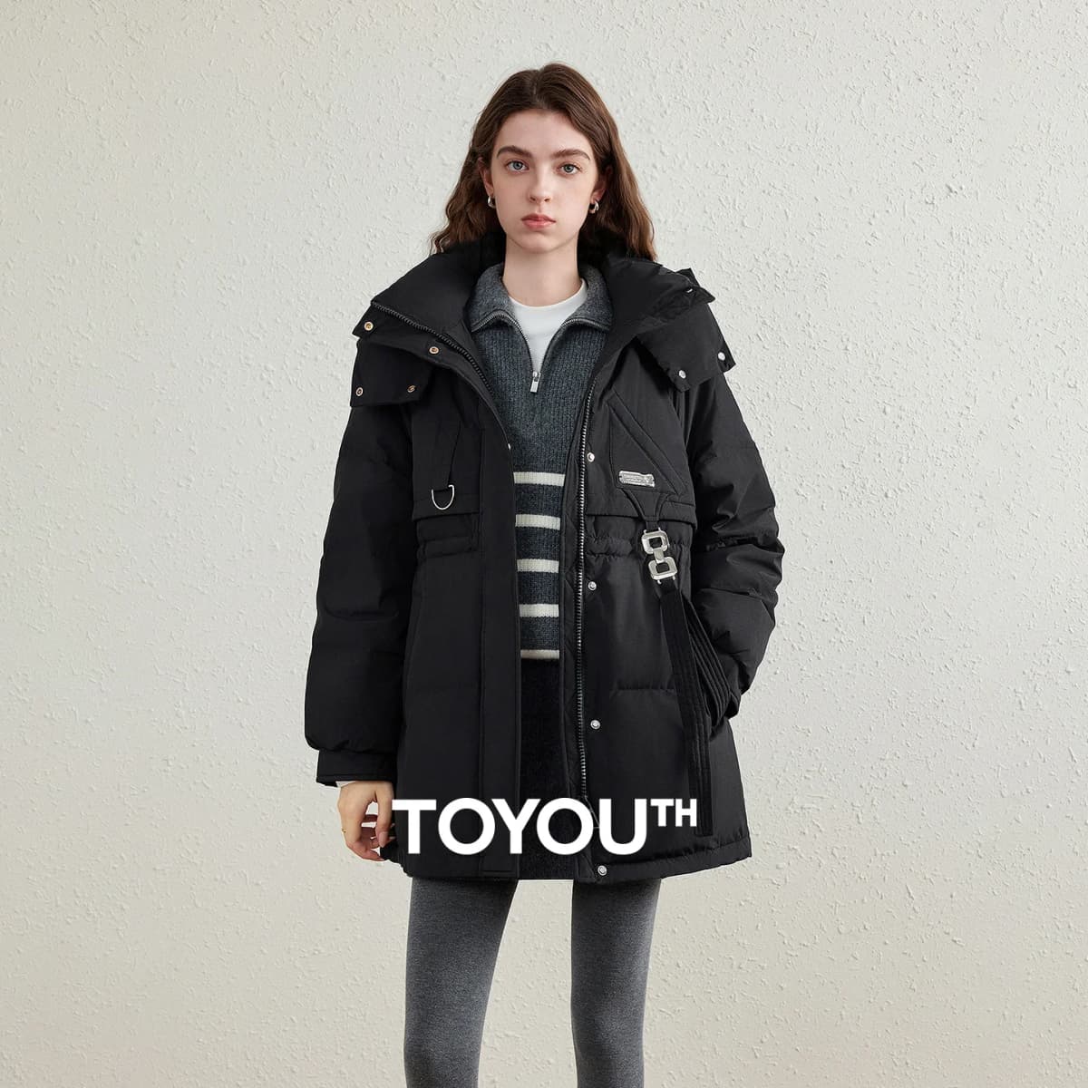 TOYOUTH Women's White Duck Down Coat 2026 Winter New Urban Functional Hooded Waist Cinched Windproof Outerwear