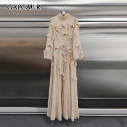 GALCAUR Solid Spliced Flower Loose Maxi Dress for Women High Neck Long Sleeve Patchwork Zipper Casual Dresses Female Fashion New