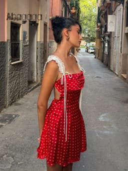 Women Lace Patchwork Polka Dot Printed Mini Dresses Sexy Club Streetwears Holiday Casual Camisole Sheath Vestidos Slim Fits