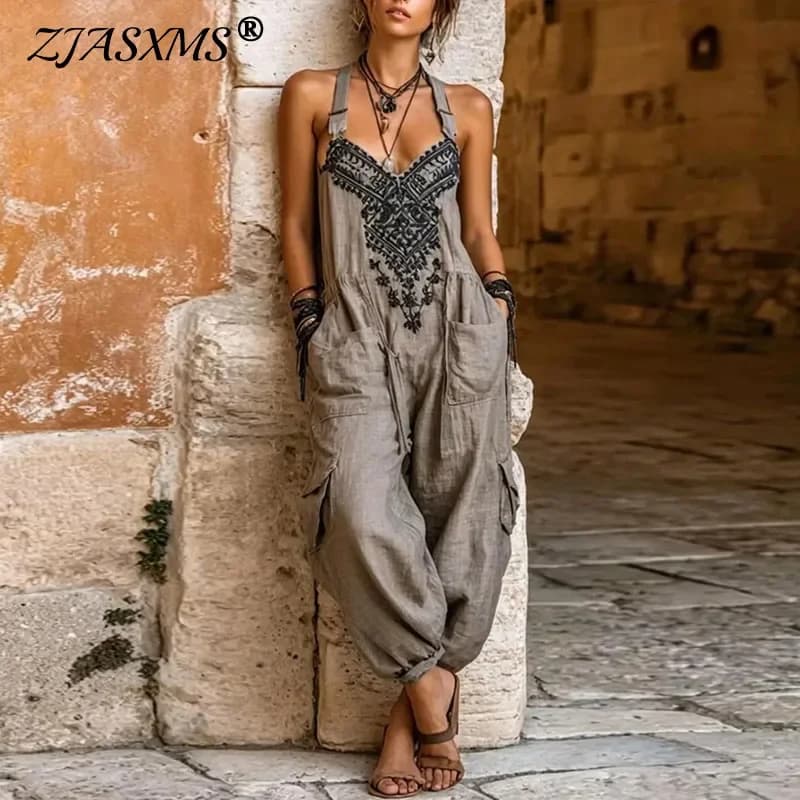 Women Sling Jumpsuit Ethnic Print V Neck High Waist Cargo Pocket Loose Harem Jogger Romper Bohemian Summer Beach One Piece Suits
