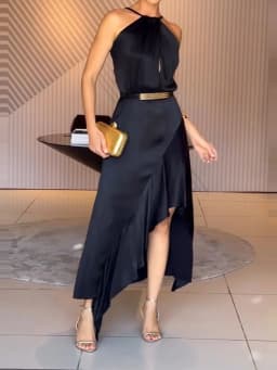 Women Sexy Halter Satin Slim Party Dress Spring Solid High Waist Ruffle Irregular Long Dress Summer Sleeveless Hollow Boho Dress