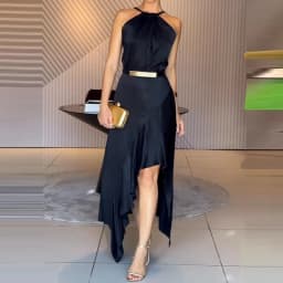 Women Sexy Halter Satin Slim Party Dress Spring Solid High Waist Ruffle Irregular Long Dress Summer Sleeveless Hollow Boho Dress