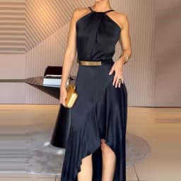 Women Sexy Halter Satin Slim Party Dress Spring Solid High Waist Ruffle Irregular Long Dress Summer Sleeveless Hollow Boho Dress