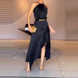 Women Sexy Halter Satin Slim Party Dress Spring Solid High Waist Ruffle Irregular Long Dress Summer Sleeveless Hollow Boho Dress
