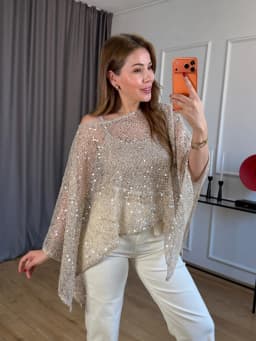 LIMO Women Sequin Mesh Off Shoulder Blouse Batwing Sleeve Loose Irregular Hem See Through Top