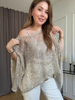 LIMO Women Sequin Mesh Off Shoulder Blouse Batwing Sleeve Loose Irregular Hem See Through Top