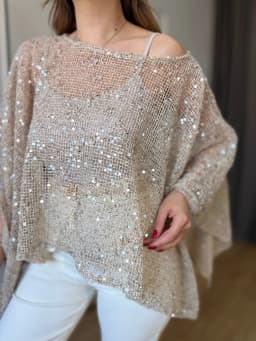 LIMO Women Sequin Mesh Off Shoulder Blouse Batwing Sleeve Loose Irregular Hem See Through Top