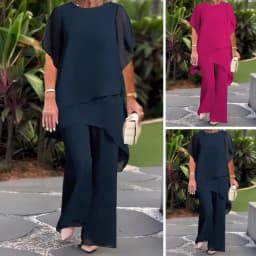Casual Spring Outfit Women's 2-piece Chiffon Set Plus Size Wide Leg Pants Ruffle Layers V-neck Top Casual Office for Spring