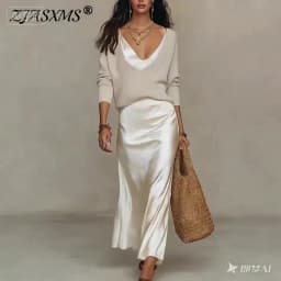 Spring Long Sleeve Loose Sweater Women's Set Elegant V Neck Satin Long Dress Suit Summer Casual Slim Vacation Beach Outfit Mujer