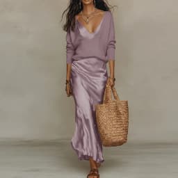 Spring Long Sleeve Loose Sweater Women's Set Elegant V Neck Satin Long Dress Suit Summer Casual Slim Vacation Beach Outfit Mujer