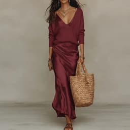 Spring Long Sleeve Loose Sweater Women's Set Elegant V Neck Satin Long Dress Suit Summer Casual Slim Vacation Beach Outfit Mujer